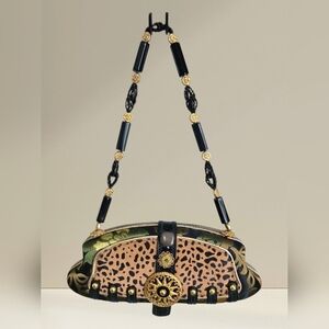 Mary Frances Brown and Black Clutch with Exotic Beaded Handle, VINTAGE
